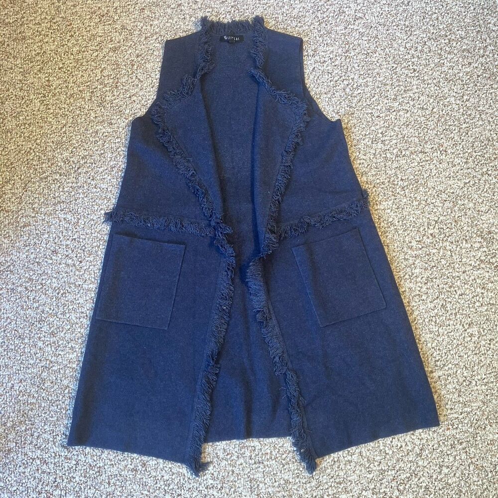 Sisters Fringe Open Front Vest Size M Lagenlook Boho Pockets Blue Hippie Long